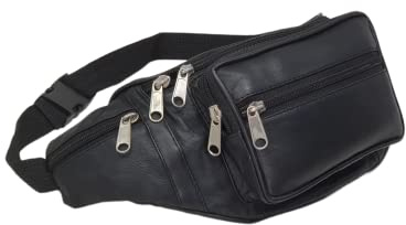 RAS Unisex Black Leather Large Travel Money Pouch Waist Bum Bag Adjustable Belt Strap 1006