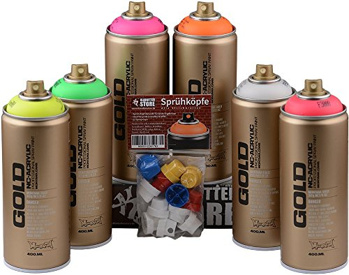 Sprühdosen Montana Gold fluoreszierende Neon Farben 6x400ml inkl. Sprühköpfe verschieden Strichbreiten