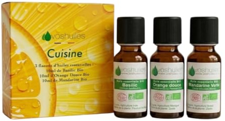 VOSHUILES - Huiles Essentielles BIO Basilic- Mandarine Verte- Orange Douce 3x10ml - 100% Pure et Naturelle - HEBBD et ECOCERT - Usage Interne - Mon Petit Kit Cuisine