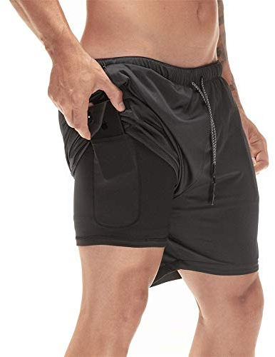 Odot Shorts Herren 2 in 1 Sports Kurz Hose, Schnell Trocknend Sommer Laufshorts mit Tasche Tunnelzug Fitness Joggen Kurze Sporthose Workout Fitness Bodybuilding Trainingsshorts (L,Schwarz)