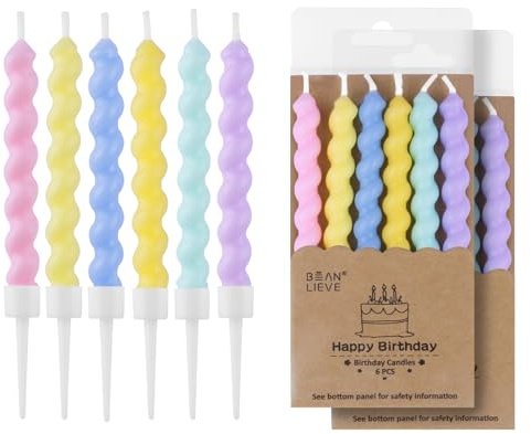 BEAN LIEVE 12-Count Birthday Candles - Rainbow Birthday Candle with Holders Colorful Spiral Long Cake Candles for Birthday Wedding & Lucky Party Cake Decorations