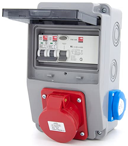 ELS Elektrotechnika Steckdosenverteiler Baustromverteiler Wandverteiler Schuko 2x230V + Leitungsschutzschalter 2x LS C16, CEE 16A + Fehlerstromschutzschalter FI 40/4/0.03A Verdrahtet Anschlußfertig