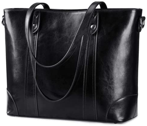 S-ZONE Damen Schultertasche 15,6 Inch Laptoptasche Große Leder Shopper Arbeitstasche Umhängetasche Handtasche mit Gepolstertem Laptopfach