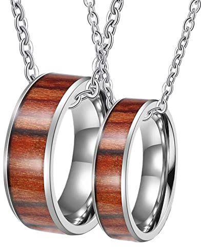 Bishilin Partnerkette Edelstahl, Pärchen Halskette Ringe 6MM 8MM mit Holz Charms Anhänger Kette Silber 60CM