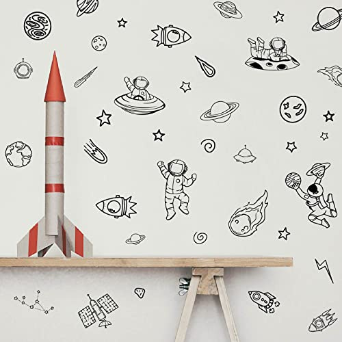 PLIGREAT Exploring Space Thema Wandtattoos für Jungen Zimmer Astronaut Raketen Planet Wandaufkleber für Schlafzimmer Kinderzimmer Spielzimmer Dekoration Verträumte Weltraum Wandbild