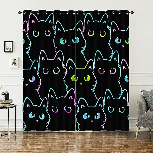 HOSIMA Cartoon-Vorhänge mit Schwarzer Katze,Ösenvorhänge,Set mit 2 Vorhängen,Niedliche Schwarze Katze Bedruckte Vorhänge für Kinder-und Jugendzimmer(Shwarze Katze L)