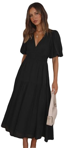 MessBebe Kleid Damen Elegant V-Ausschnitt Sommerkleid Kurze Puffärmel Wickelkleid Einfarbig Maxikleid Hohe Taille Partykleid Lässig Sommer Freizeitkleid