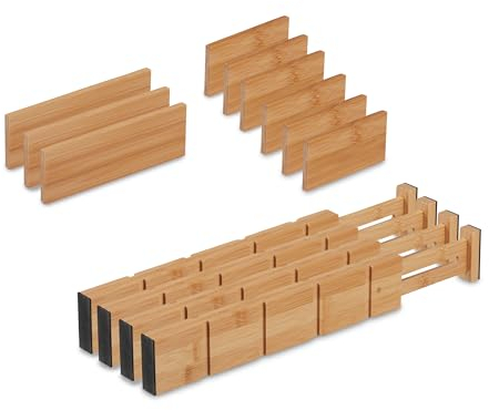 Relaxdays Schubladentrenner, 13-tlg. Set, verstellbare Länge von 34 bis 43,5 cm, Bambus, Schubladenteiler Küche, natur