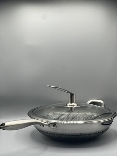 Poêle Wok de 32 cm avec Couvercle en Verre Autoportant - Technologie Ruche d'Abeilles Anti-Rayures - Acier Inoxydable 316 - Cuisine de Qualité Professionnelle sans PFOA pour une cuisine saine.