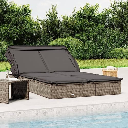 Rantry Sonnenliegen mit Faltdach 2 Personen Doppelliege Gartenliege Möbel Relaxliege Strandliege mit Verstellbare Rücken für Garten Terrasse Pool Balkon Grau 213x118x97 cm Poly Rattan
