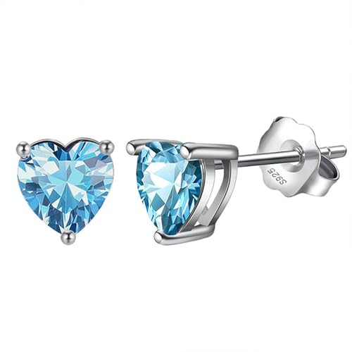 AMDXD Sterling 925 Silber Ohrstecker Damen Klein, Herz Hellblau Zirkonia Herz Geburtsstein März Ohrstecker Silber 925 Damen, Ohrringe Sterling Stecker Sterling Silber für Damen, Silber
