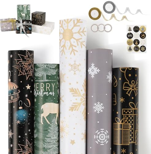 Ambesty 5 Rollo Papel Regalo Navidad, 43x300 CM Papel de Regalo Navidad con Etiqueta, Cuerda Kraft Resistente Reciclado Para Decoración Navideños, Cumpleaños y Decoración Navideñapapel de regalo (02)