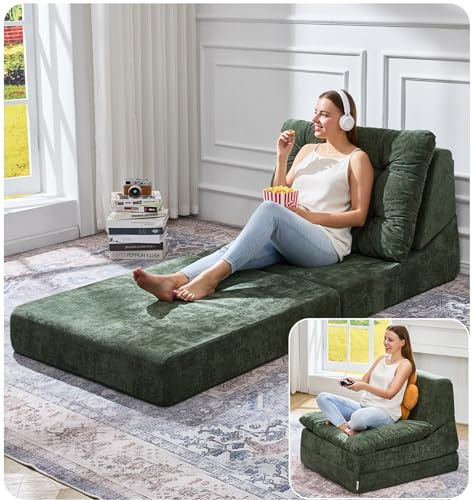 Hobestluk Sofa Couch Folding Sofa Bed Comfy Floor Lounger Convertible Sofa with Removable Cushion Couches for Small Spaces Foldable Mattress for Living Room Bedroom or Office (Chenille Green, Large)