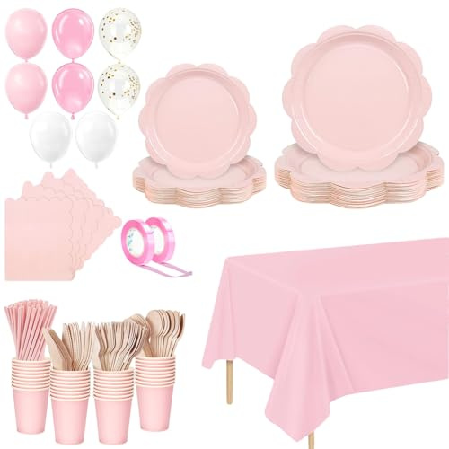 182 platos y servilletas de papel rosa, vasos, globos, popotes, suministros de fiesta rosa claro, incluyendo platos, vasos, servilletas, pajitas para baby shower, cumpleaños, boda, fiesta