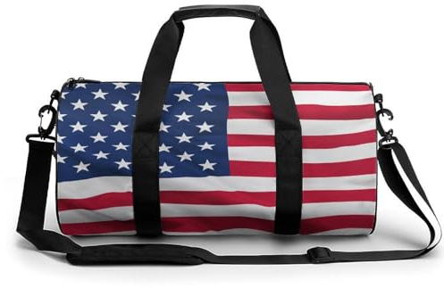 Red Blue White American Flag Cylindrical Portable Fitness Bag, Large Capacity Handbag