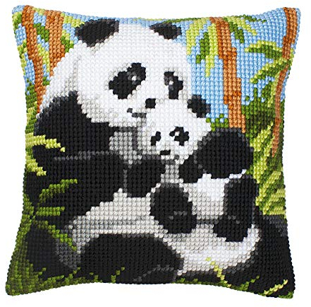 VERVACO Kreuzstich Stickpackungen Kissen Stickerei Set Anfänger Vorgedruckt Panda DIY Set Kreativ Set Für Erwachsene Dekoratives Kissen ca. 40 x 40 cm Bastelset Handwerker Haus Dekoration