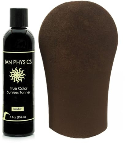 Tan Physics Sunless Tanner 8oz with Tanning Mitt – Self Tanning Lotion – Instant Tan Lotion for Face & Body – Natural Self Tanner for a Streak-Free, Long-Lasting Glow