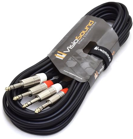 2 x 6.35mm 1/4 Stereo TRS Jack Cable / Balanced Twin Lead (Black, 5m) | Noiseless OFC Balanced Signal, Audio, Patch Cable / 5 Colours