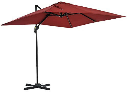 Outsunny 2.5 x 2.5m Patio Offset Parasol Umbrella Cantilever Hanging Aluminium Sun Shade Canopy Shelter 360° Rotation with Crank Handle and Cross Base, Wine Red
