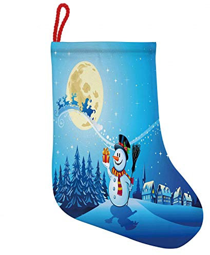 ABAKUHAUS Weihnachten Hängende Nikolausstiefel Weihnachtssocken, Snowy Land Kiefern-Mond, Weihnachtsstrumpf zum Aufhängen, 35x50cm, Blau Weiß Eggshell