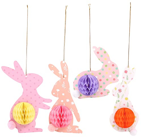 MOMODARLING Hasen-Dekorationen für Zuhause, buntes Kaninchen mit 3D-Wabenpapier-Ei, mehrfarbig, 4 Stück