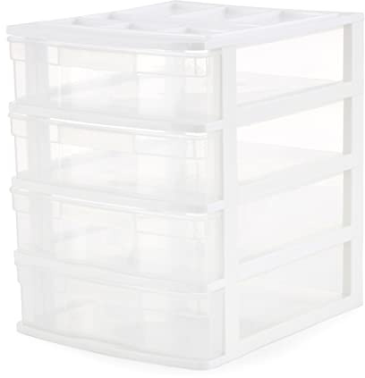 Gracious Living Drawer Organizer, 4-Tier Plastic Storage Desktop Drawers, White Frame - Desk Containers for Bathroom, Bedroom, Office, and Classroom Organization