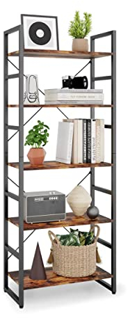TREETALK 5 Tier Bookshelf, Standing Bookcase with 2 X-shape Frame,Adjustable Leg pads, Industrial Storage Rack for Office, Living Room (Rustic Brown)