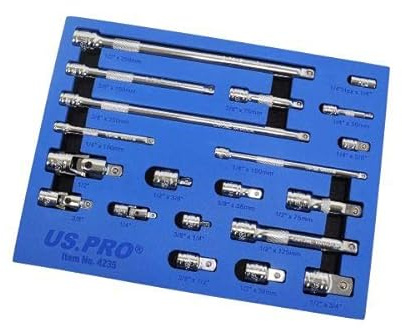US PRO Tools 20pc Socket Extension Bar UJ Adapter Set 1/4 3/8 1/2 DR in Foam Tray 4235