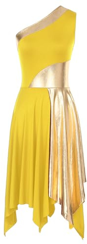 ranrann Femme Robe Danse Asymétrique Métallique Brillant Une Epaule Robe Danse Contemporaine Costume Tenue Dancewear S-XXL Jaune M
