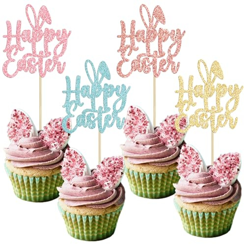 Ephlyn 24Pcs Happy Easter Cupcake Toppers Glitter Cute Easter Bunny Ear Cake Pick Decorations for Easter Spring Theme Baby Shower Kids Birthday Party Supplies Multi