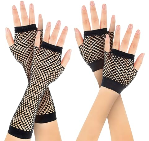 Reccisokz 2 Paar Netzhandschuhe,Damen Fingerlose Handschuhe,Funky Vintage Perforated Nylon Elegant Abend Stretchy Abend Oper 20er Jahre Handschuhe 80er Jahre Party Kostüm Zubehör