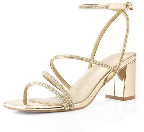 LACUONE Riemchensandalen für Damen, Blockabsatz, quadratische Zehenpartie, klobige Knöchelschnalle, Pump-Absatz, Sandalen, Strass Gold, 38 EU