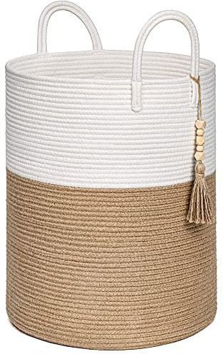 TIMEYARD Wäschekorb, Laundry Baskets, Korb Aufbewahrung, Rattan Korb für Decken, Wäschekorb, Korb Geflochten, Aufbewahrungskorb, Deckenkorb Wohnzimmer,40x50cm, Jute und Weiß
