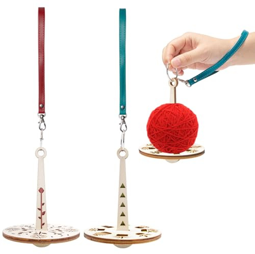 UTMACH 2 Piezas Soporte para Hilo de Muñeca Ø10cm Portátil Porta Hilos de Madera Soporte para Bolas de Hilo para Muñeca con Pulsera Cuero para Amantes de Manualidades (Rosa y Verde)