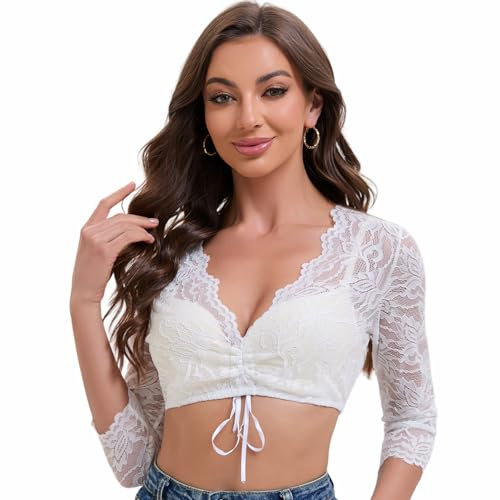 Goxozzy Dirndl blus damer, dirndlblus spets, Oktoberfest blus damer, vintage v-ringad mode iögonfallande modeller, Vit, 38