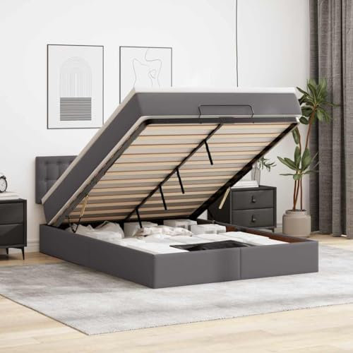 MOBCANT Ottoman-Bett mit Matratze, Doppelbett Polsterbett Bettrahmen Bett Geeignet für Hotel Schlafzimmer Gästezimmer Schulen Grau 140x190 cm Kunstleder