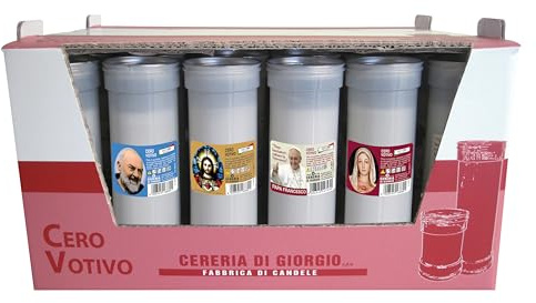 30 Ceri Votivi modello P50 - Bianco - Etichette assortite - Durata 72 ore - Diametro 6,3 cm altezza 18 cm - Cereria Di Giorgio