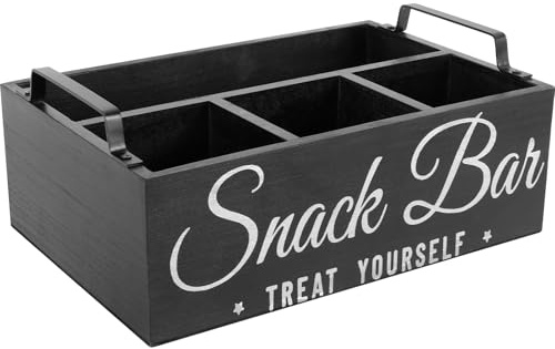 ATopoler Wooden Snack Organizer for Countertop, 4 Compartment Candy Storage Box & Snack Tray with Metal Handles, Rustic Farmhouse Decor for Kitchen Pantry, Living Room, Coffee Bar & Cabinet, (Black)