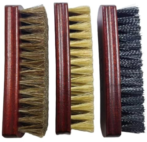 Ponward Shoe Cleaning Brush Set of 3 Brushes with Horsehair, Boar and Nylon Bristles, 6 Concaved Handle for Premium Grip, Wooden Sneaker Brush for Leather, Boot, Textile, Bags and Accessories
