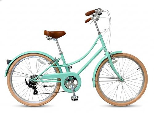 CYBIC Fahrrad 24 Zoll Mädchen, Retro Cruiser Kinderfahrrad mit 7-Gang Shimano, Alu Rahmen, niedriger Einstieg,für 145-160 cm (Pink/Grün) (Grün)