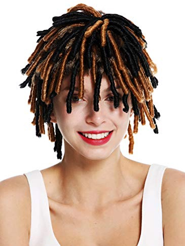 WIG ME UP - DH1110 Perücke Damen Herren Karneval Spirallocken Afrolocken kurz voluminös Afro Karibik Rasta Dreads schwarz braune Highlights