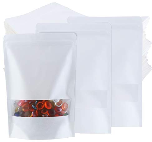 TsunNee Kraftpapier-Lebensmittelbeutel, aufrecht stehende Kraftpapiertüten zur Lebensmittelaufbewahrung, wiederverwendbare Druckverschlussbeutel aus weißem Papier mit transparentem Fenster, 23 x 35cm