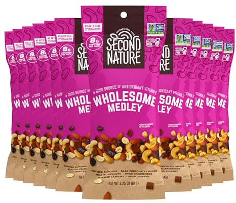 Second Nature Wholesome Medley Trail Mix - 12 Count, 2.25 oz Individual Snack Packs, Certified Gluten-Free – Dark Chocolate, Dried Fruit and Nut Trail Mix, Ideal for Travel Snacks