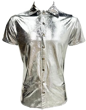 ZUYPSK Chemise en cuir à manches courtes pour homme - En cuir synthétique - Confortable - Coupe ajustée - Brillant - Haut musculaire - Clubwear, argenté, XXXL