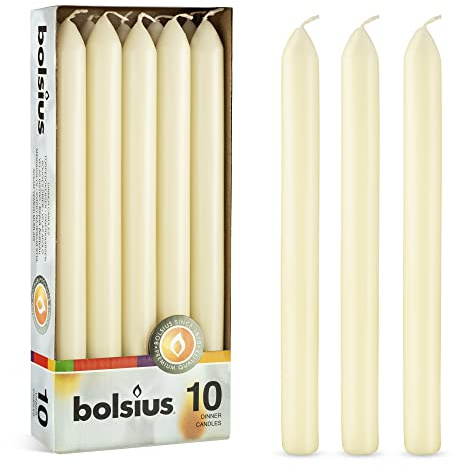 BOLSIUS 10 Count Household Ivory Dinner Candles - 9 Inches - Premium European Quality - Approx. 8 Hours Burn Time - Unscented Dripless and Smokeless, Restaurant, Wedding, Spa, and Party Candlesticks