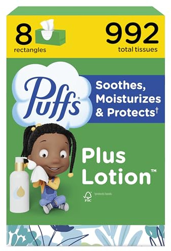 Puffs Plus Lotion Facial Tissues, 8 Family Boxes, 124 Facial Tissues per Box, Allergies and Colds