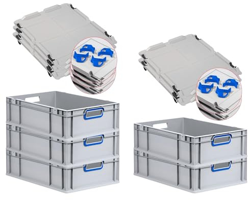 PROREGAL SuperSparSet 5x Eurobox NextGen Color mit Auflagedeckel & Schiebeschnappverschlüsse, HxBxT 17x40x60cm, 34L, Griffe blau offen, Glatter Boden, Eurobehälter Transportbox Transportbehälter