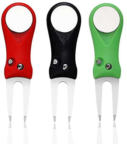 AMRTA Golf Divot Repair Tool with Ball Markers, Golf Pitchfork Switchblade Foldable Metal Magnetic Pop-up Button for Golfer Outdoor