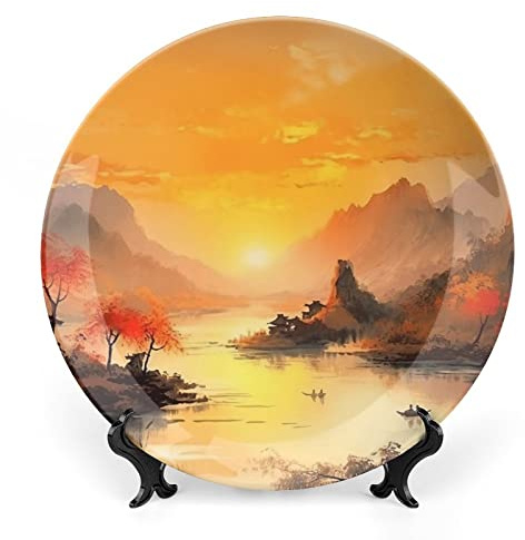 Platos decorativos para colgar en la pared, pintura de paisaje de montaña china antigua y barcos, placa de cerámica, placa tambaleante con soporte de exhibición, decoración del hogar para armarios de