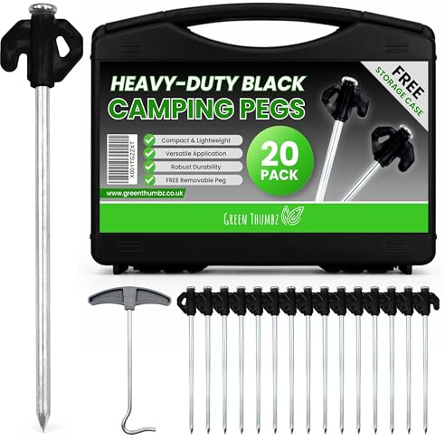 Green Thumbz Schwere Zeltheringe - 20er-Pack Metall Heringe für Zelte & Camping - Schwarz, Verzinkt, 20 cm, Inkl. Heringentferner